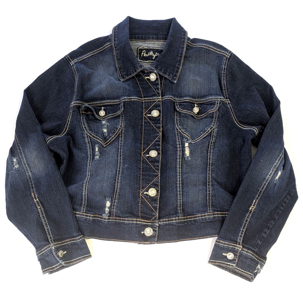 Amethyst Womens 2X Dark Wash Distressed Denim Jacket Rhinestone Button Cropped